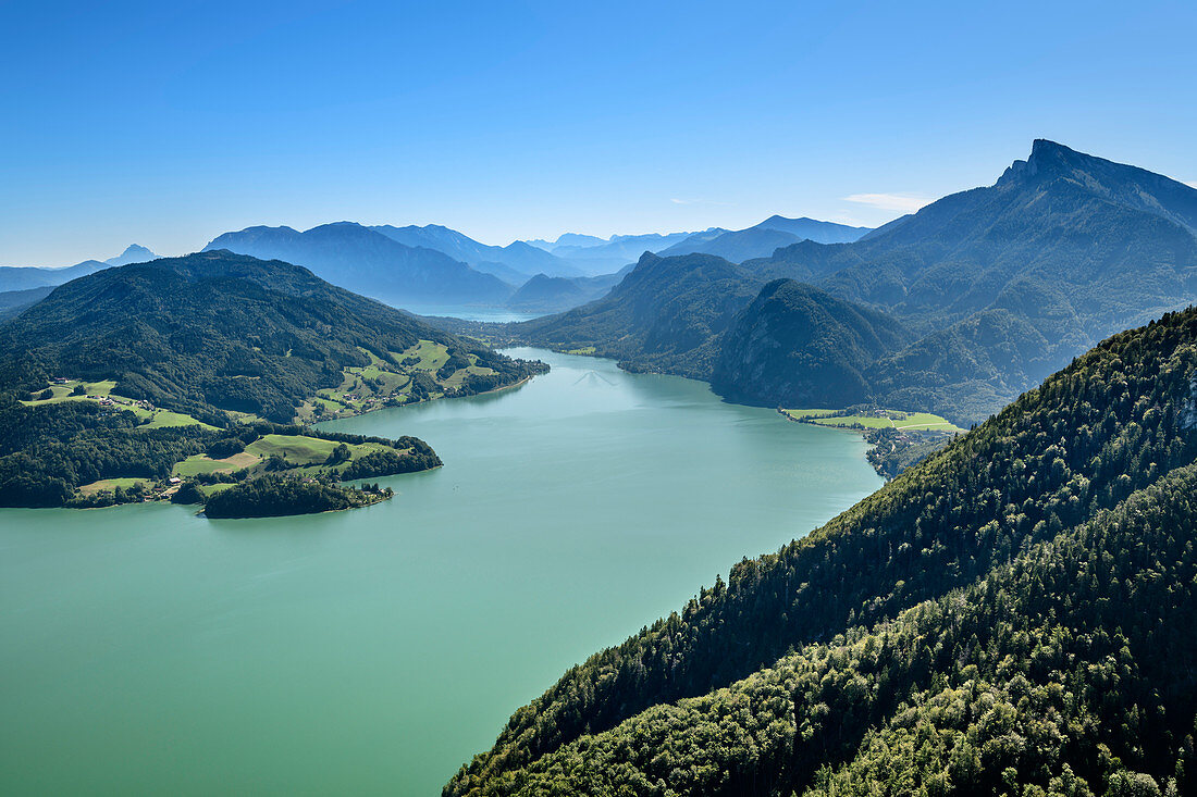 Deep view of Mondsee, with Attersee, Höllengebirge and Schafberg, Mondsee, Salzkammergut, Salzburg, Austria