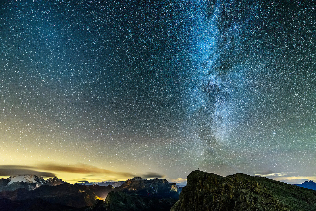 Starry sky with Milky Way over Marmolada, Sella and Great Lagazuoi, Dolomites, UNESCO World Heritage Dolomites, Veneto, Italy