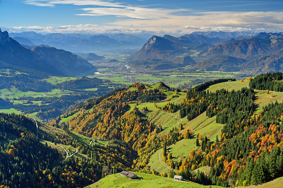 Deep view of autumnal alpine meadows and Inntal, Wandberg, Chiemgau Alps, Tyrol, Austria