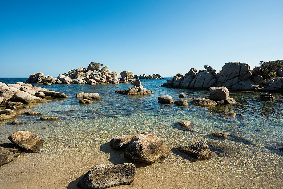 Beach and granite cliffs, Palombaggia, Porto Vecchio, Corse-du-Sud, Corsica, France