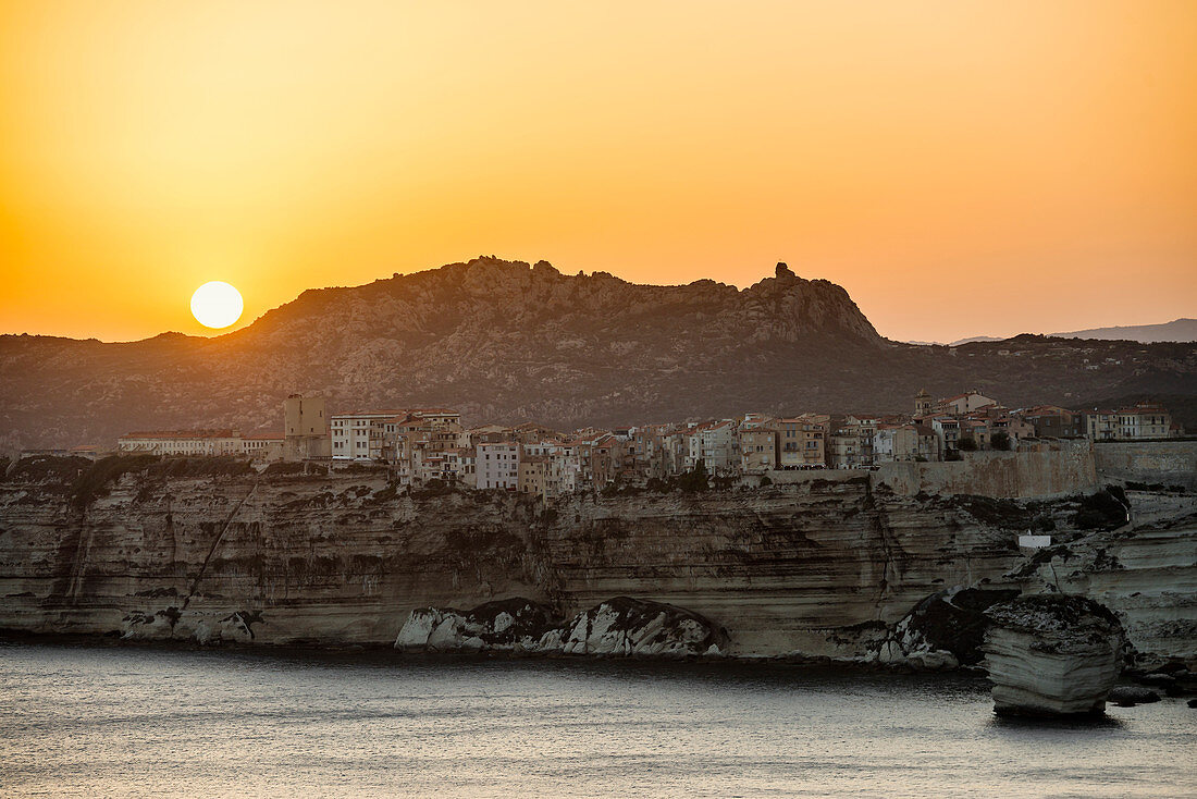 Steep coast and chalk cliffs, sunset, Bonifacio, Corse-du-Sud, Corsica, France