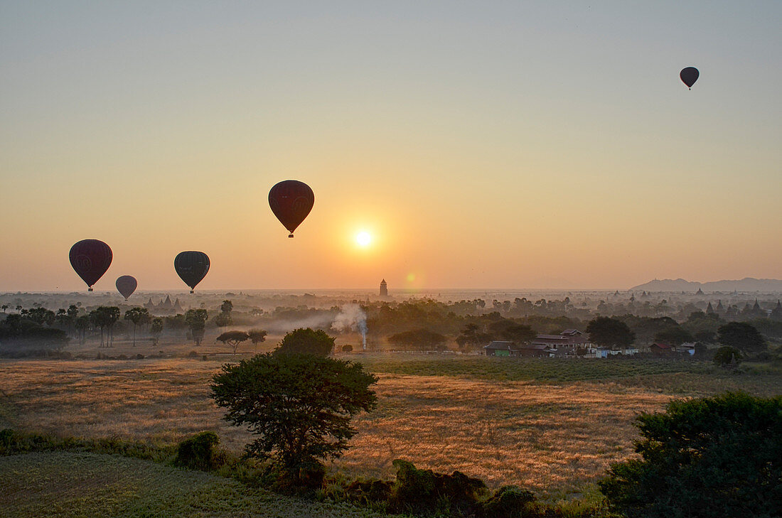 Hot air balloons over landscape with distant temples at sunset, Bagan, Myanmar.