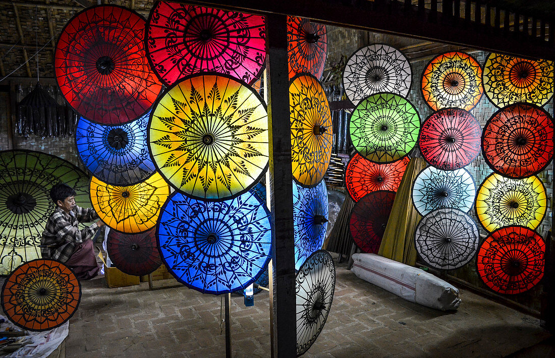 Brightly coloured traditional umbrellas in Bangar, Myanmar.