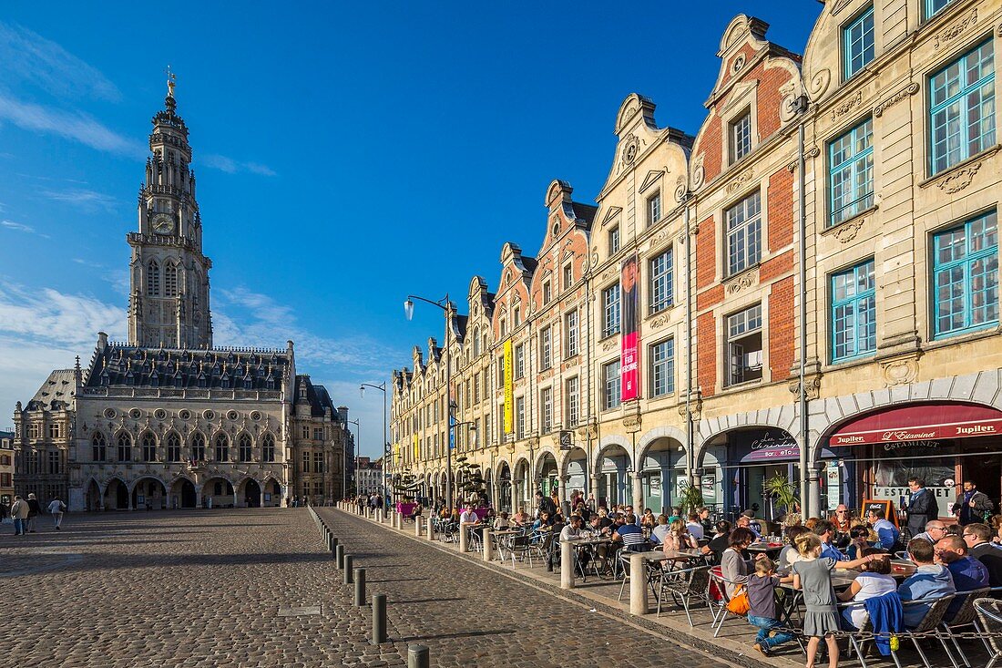 France, Pas de Calais, Arras, Place des Heros, town hall topped by a bell tower of 77 meters listed as World Heritage by UNESCO