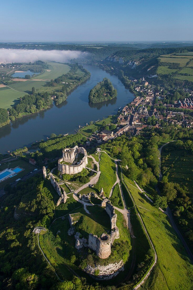 France, Eure, Les Andelys, Chateau Gaillard, 12th century fortress built by Richard Coeur de Lion, new look after several years of renovation, Seine valley (aerial view)