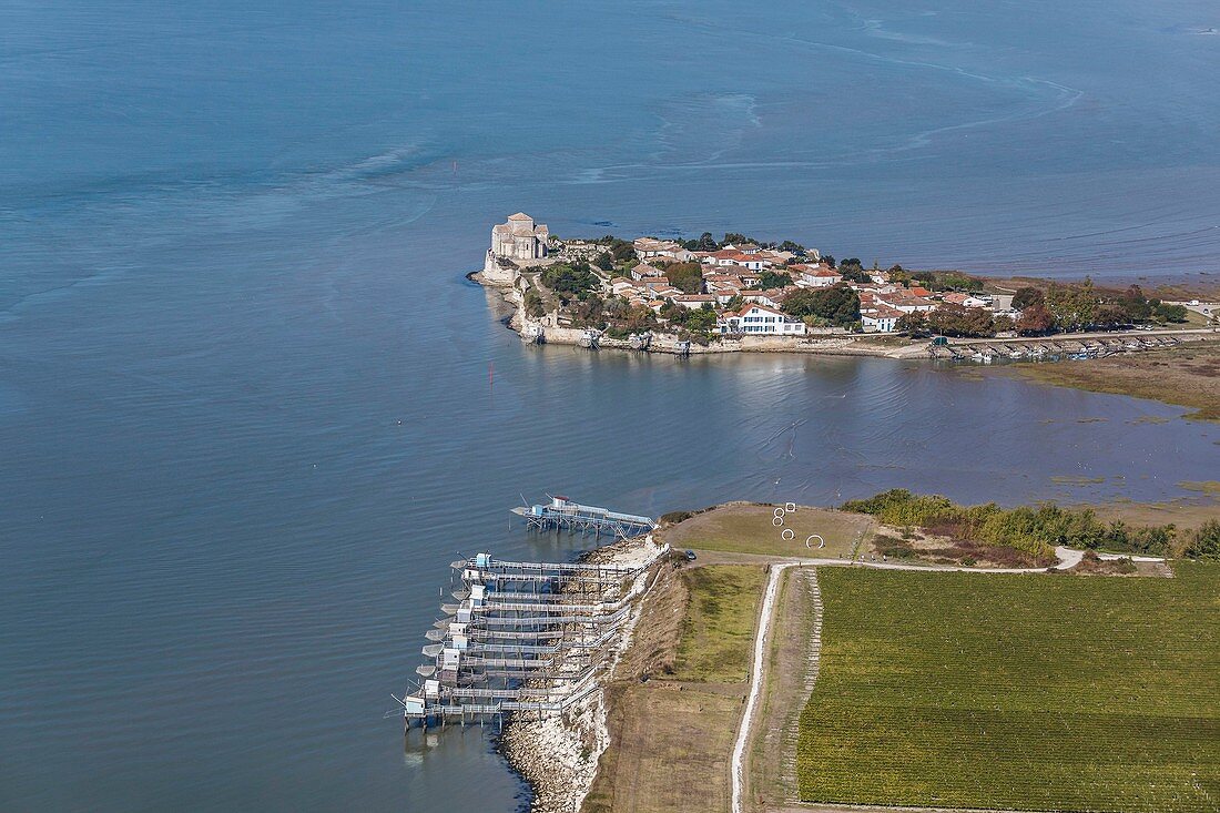 Frankreich, Charente Maritime, Talmont sur Gironde, ausgezeichnet mit 'Les Plus Beaux Villages de France' (Die schönsten Dörfer Frankreichs), die Fischerei und das Dorf (Luftaufnahme)