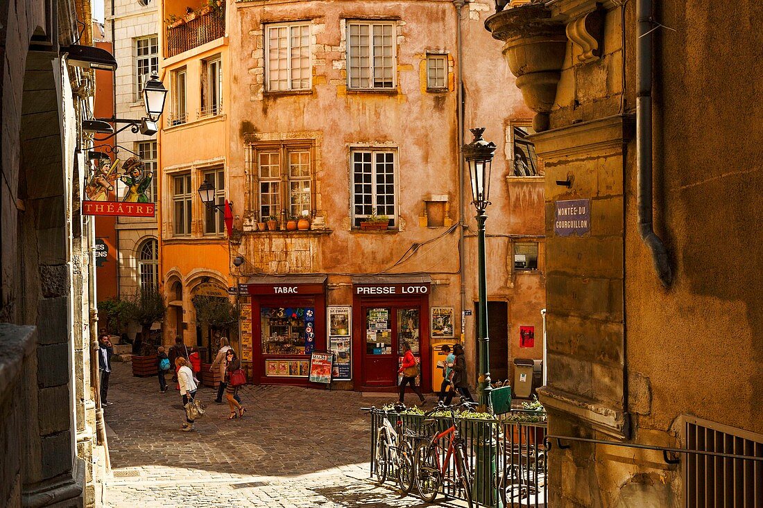 France, Rhone, Lyon, historical site listed as World Heritage by UNESCO, pedestrian street in the historical city cente