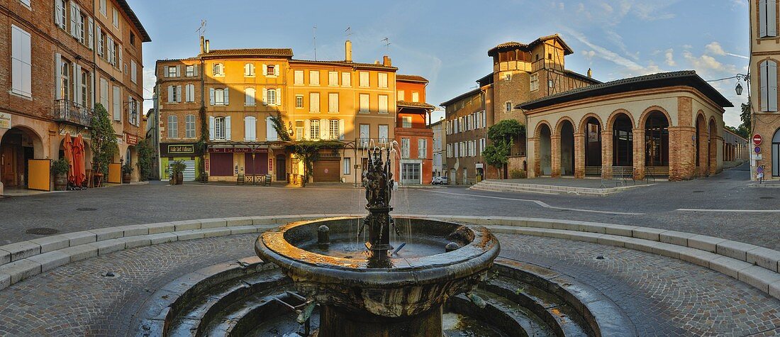 France, Tarn, Gaillac, place du Griffoul, square and Fountain Griffoul at sunrise