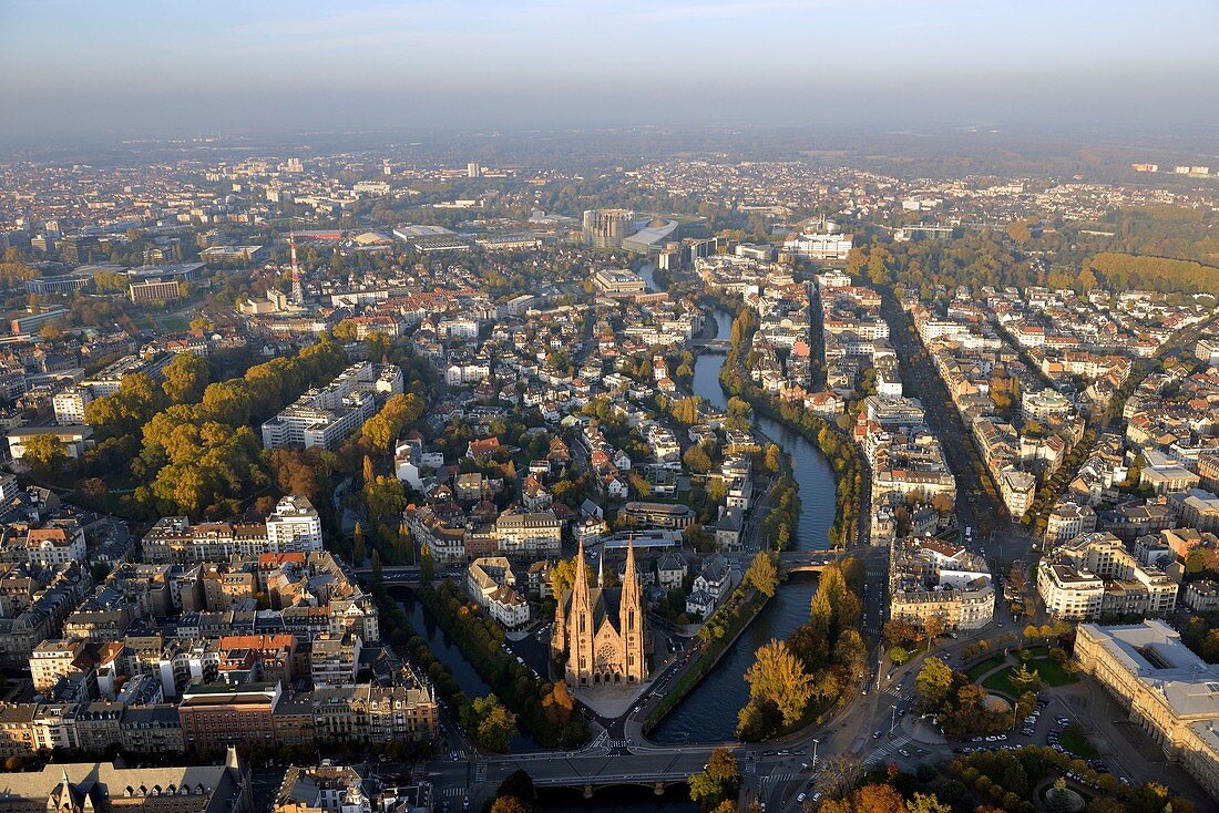 France, Bas Rhin, Strasbourg, old town listed as World Heritage by UNESCO, St Paul church and Ill river (aerial view)