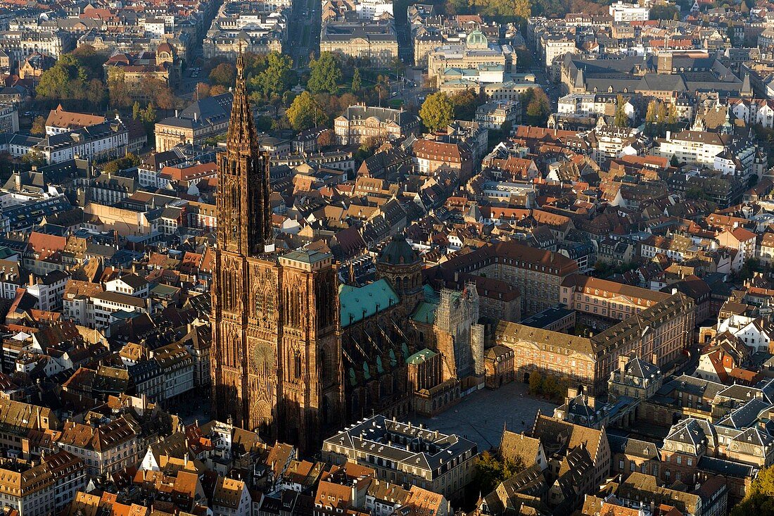 France, Bas Rhin, Strasbourg, old town listed as World Heritage by UNESCO, Notre Dame Cathedral and the castle square (Place du Château) (aerial view)
