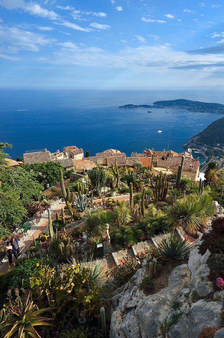 France, Alpes Maritimes, the hilltop village of Eze and its Exotic Garden, Saint Jean Cap Ferrat in the background