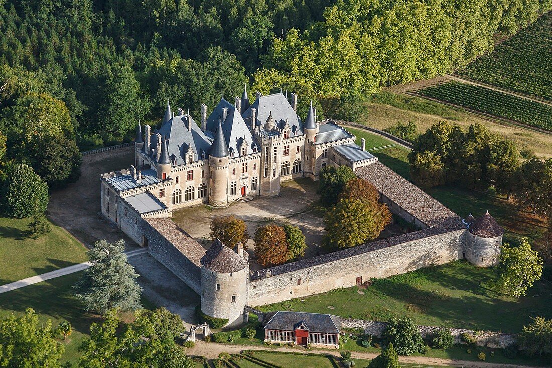 France, Dordogne, Saint Michel de Montaigne, Montaigne castle (aerial view)