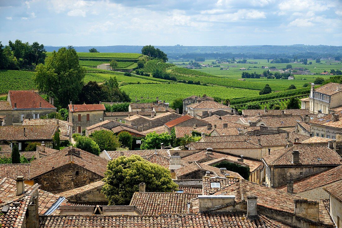 Frankreich, Gironde, Saint Emilion, UNESCO Weltkulturerbe, Dorfdächer und Weinberge