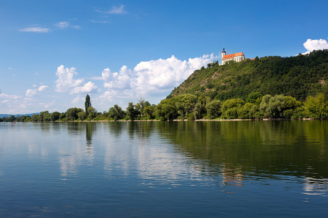 Blick über die Donau zur Wallfahrtskirche Mariä Himmelfahrt auf dem Bogenberg bei Bogen, Donau, Bayern, Deutschland