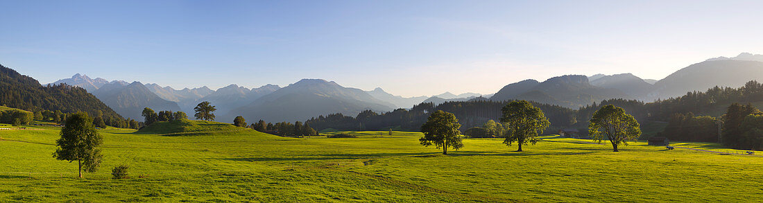 Panoramablick über die Almwiesen, Allgäuer Alpen bei Oberstdorf, Allgäu, Bayern, Deutschland