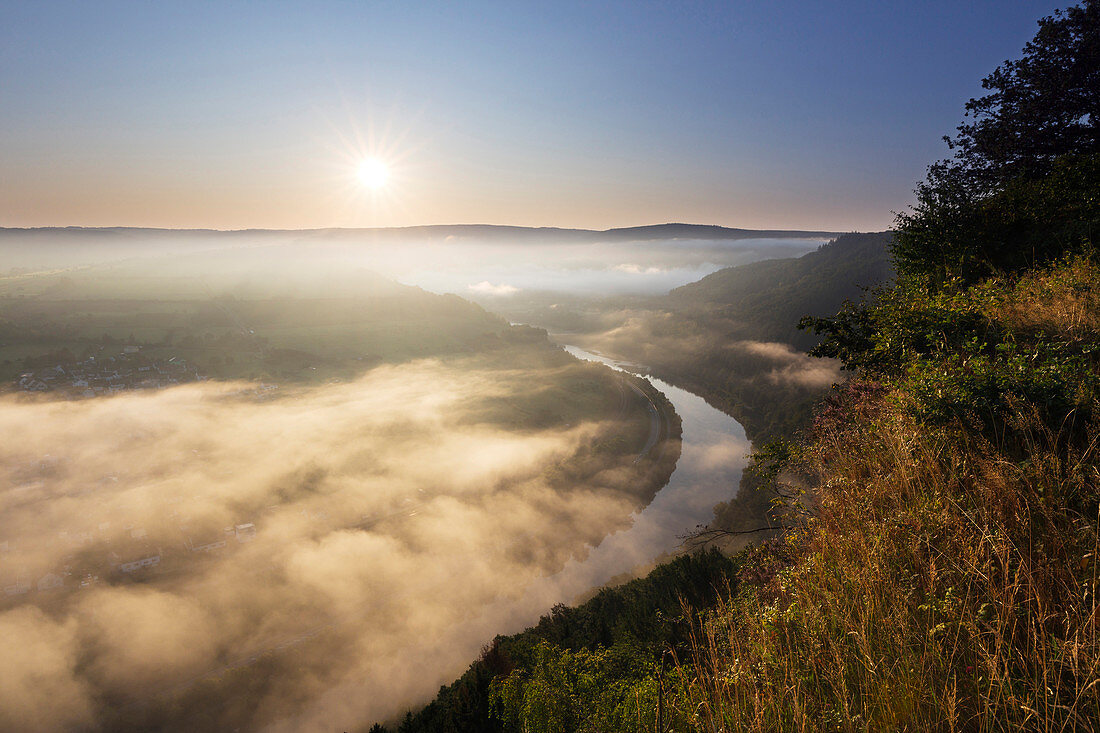 View over the Saar at Kastel-Staadt, Saar, Rhineland-Palatinate, Germany