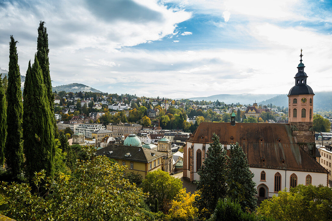 Panorama with collegiate church, Baden-Baden, Black Forest, Baden-Württemberg, Germany