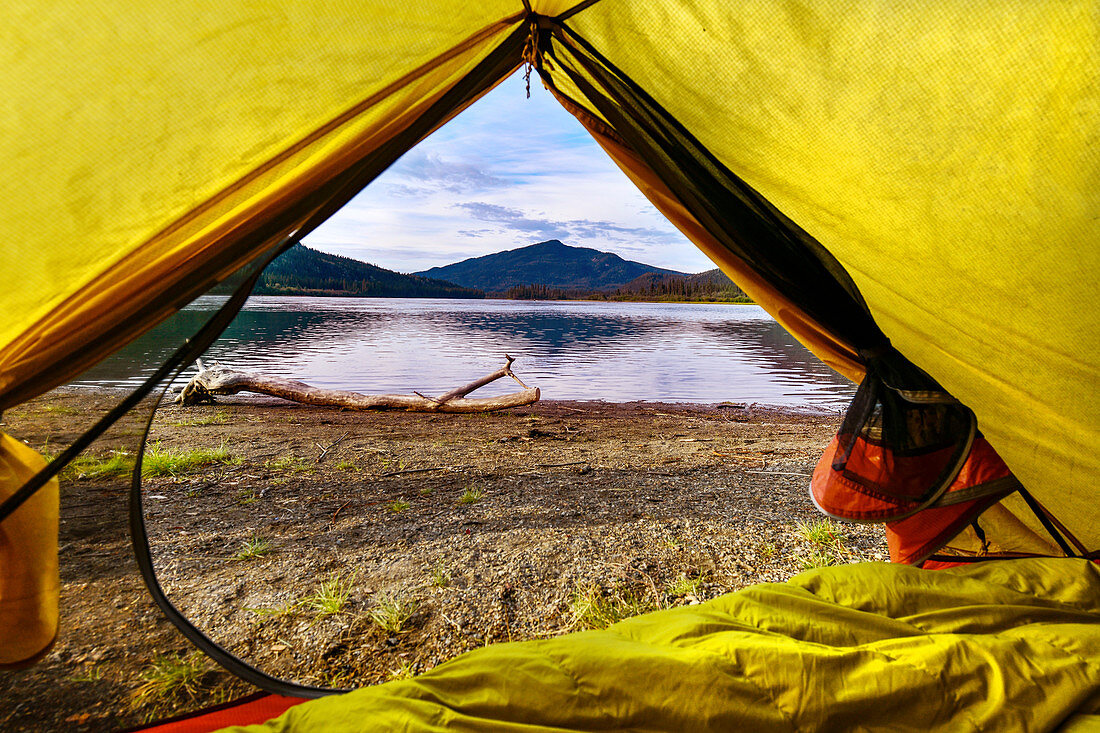 Blick aus dem gelben Zelt auf den Yukon River, Yukon, Kanada, Whitehorse