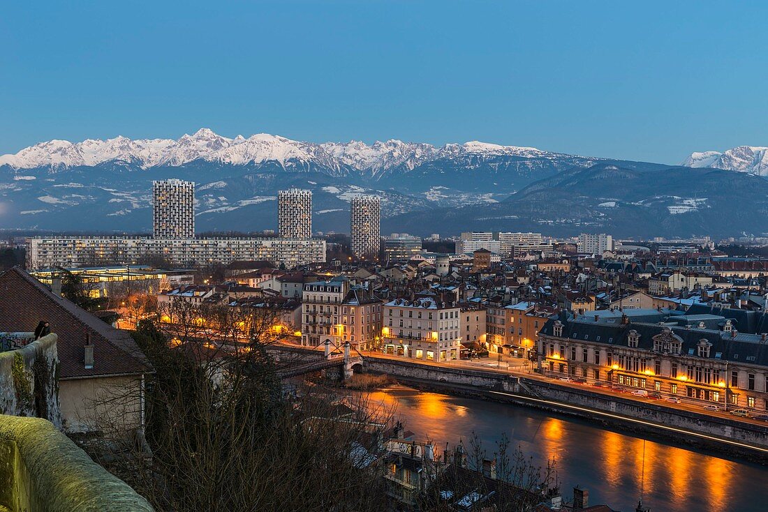 France, Isere, Grenoble, panoramic view from the Bastille fort, snowy Belledonne range in the background