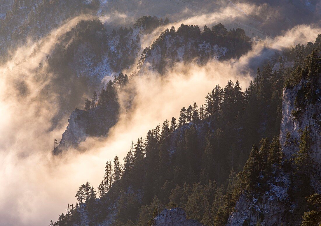 Frankreich, Isere, Parc Naturel Regional du Vercors (Regionaler Naturpark Vercors), Trieves, besagter Ort la Bachasse unter der Tete de Praorzel (1691 m), Blick auf die Kämme des Essaure-Passes