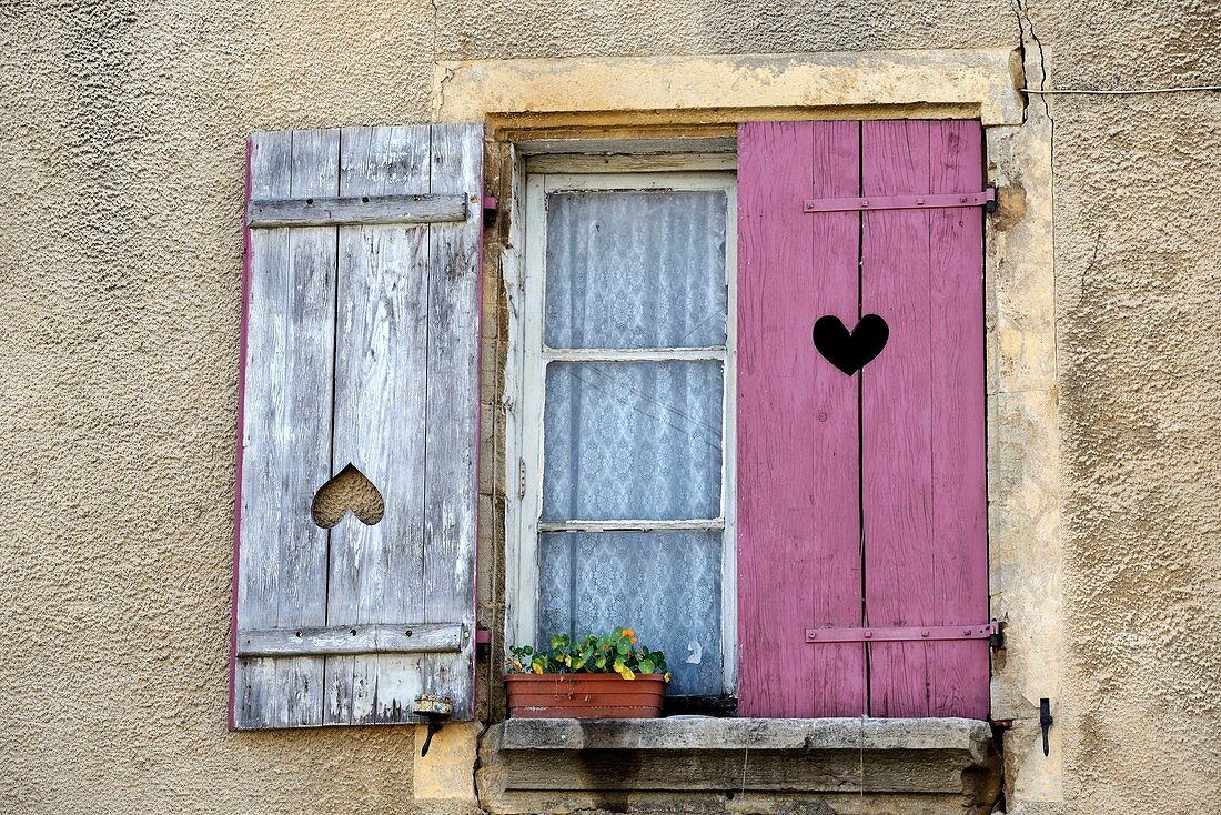 France, Haute Saone, Jussey, street, house, window, old shutters, hearts