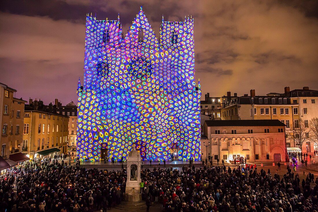 France, Rhone, Lyon, district of Vieux-Lyon, historical site listed as World Heritage by UNESCO, the Lyon Cathedral (Cathedrale Saint-Jean-Baptiste de Lyon) during the Fete des Lumieres (Light Festival), show Color or Not of Yves Moreaux