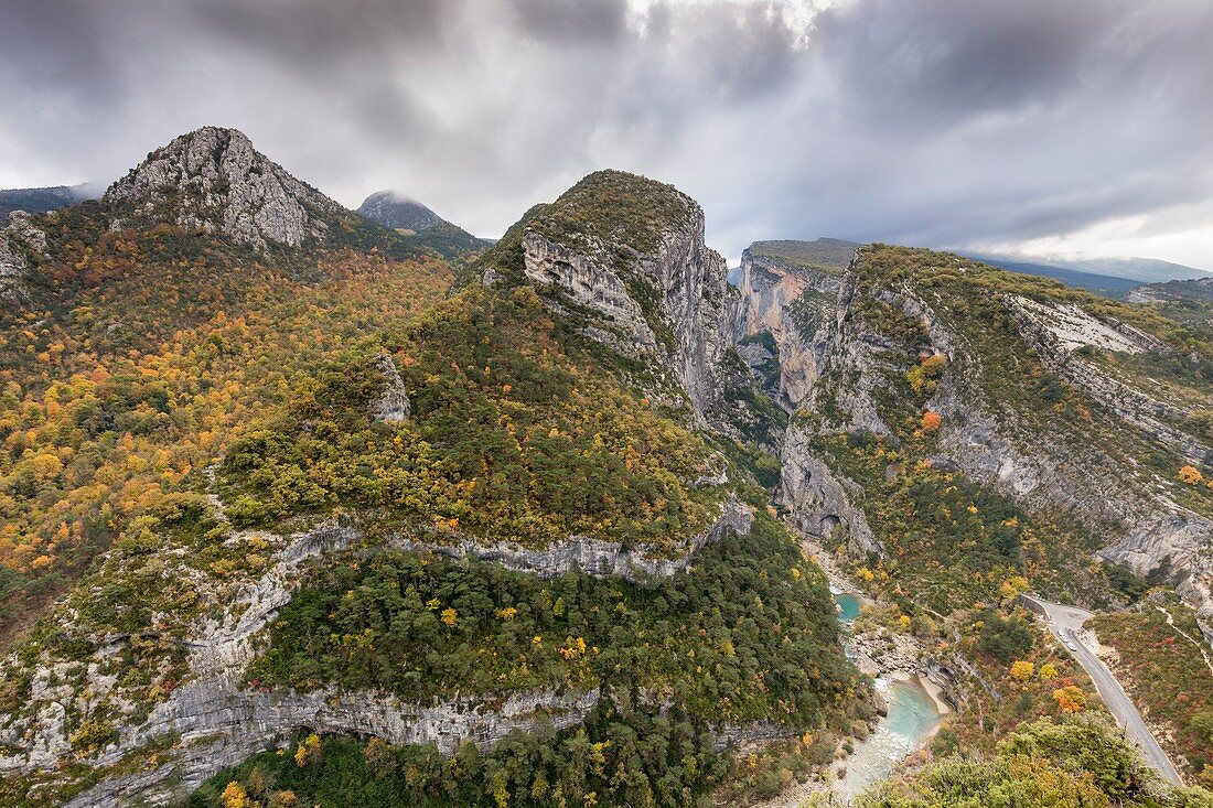 France, Alpes de Haute Provence, regional natural reserve of Verdon, Grand Canyon of Verdon, cliffs of the Corridor Samson seen by the belvedere of the Sublime Point