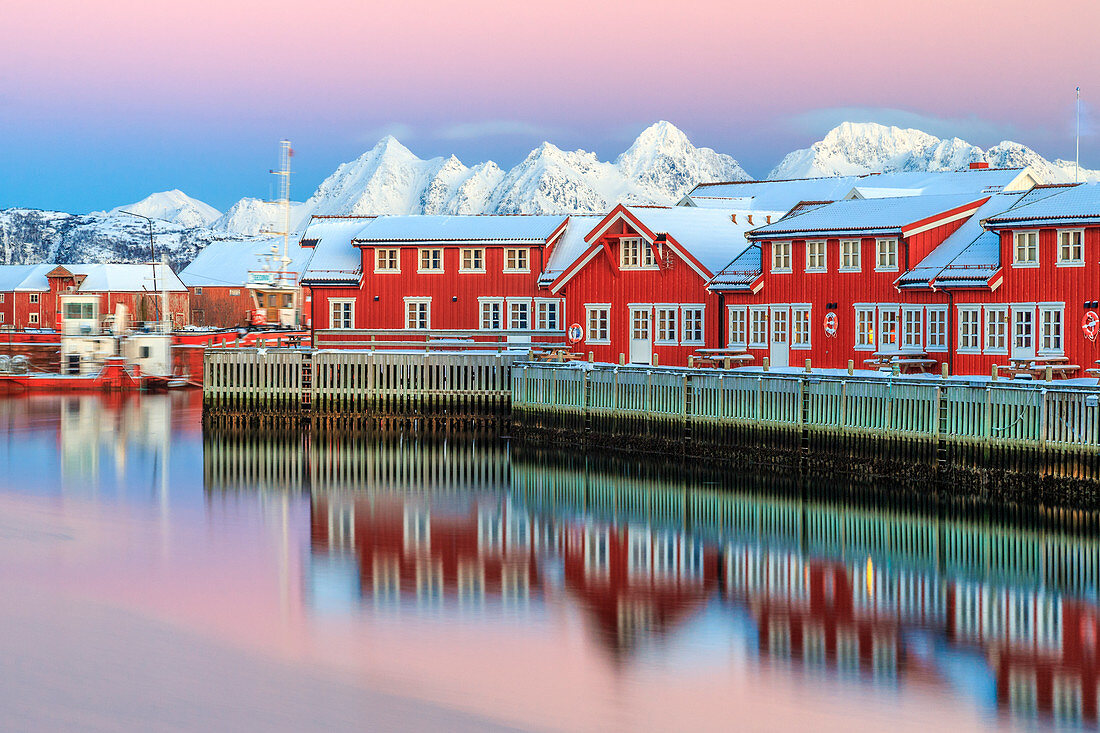 Rosa Sonnenuntergang über den typischen roten Häusern, die sich im Meer spiegeln, Svolvaer, Lofoten, Arktis, Norwegen, Skandinavien, Europa