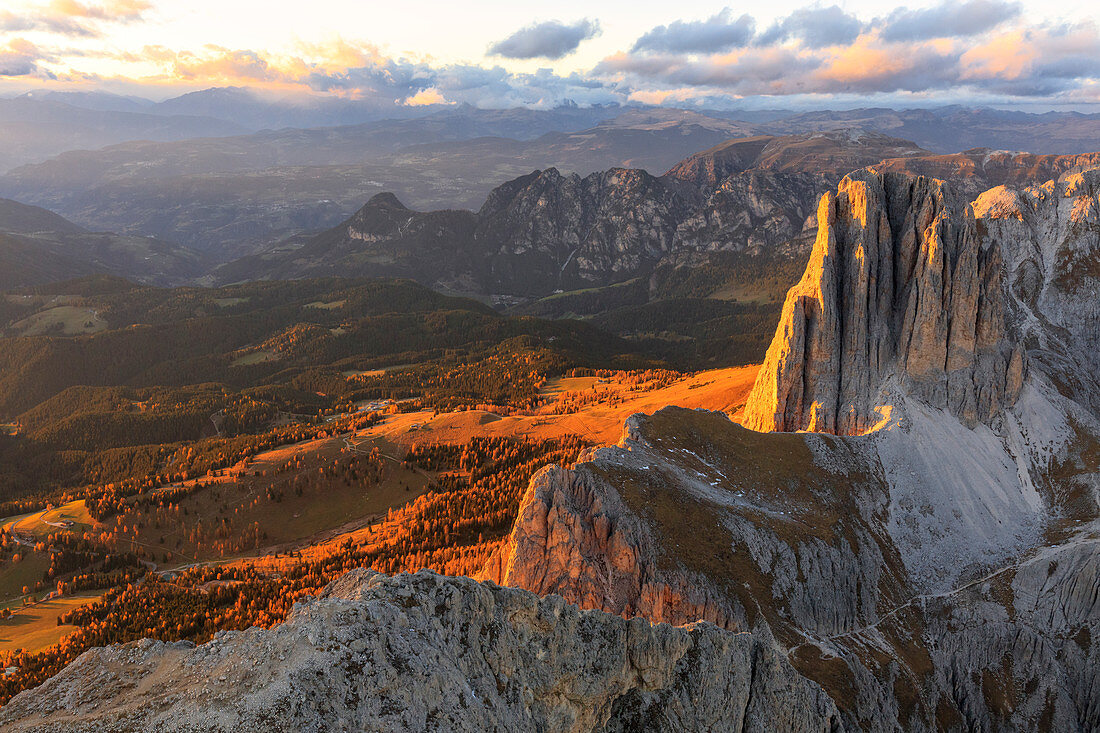 Aerial view of Catinaccio Group (Rosengarten) at sunset, Dolomites, South Tyrol, Italy, Europe