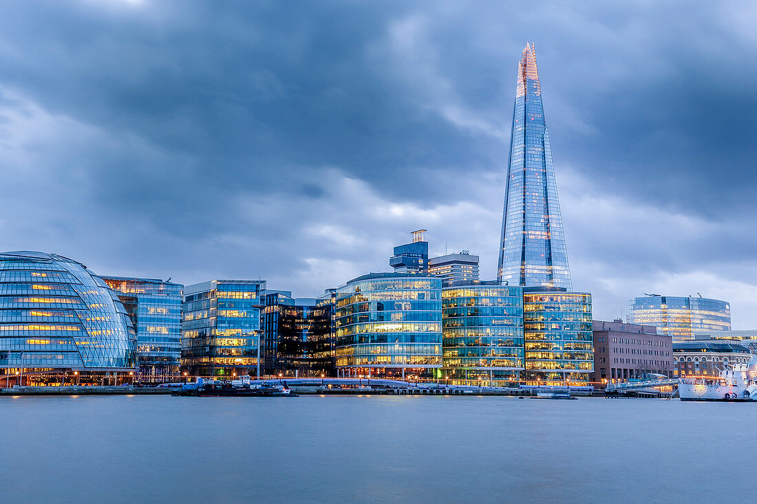 City Hall, The Shard and Bankside illuminated at night, London, England, United Kingdom, Europe