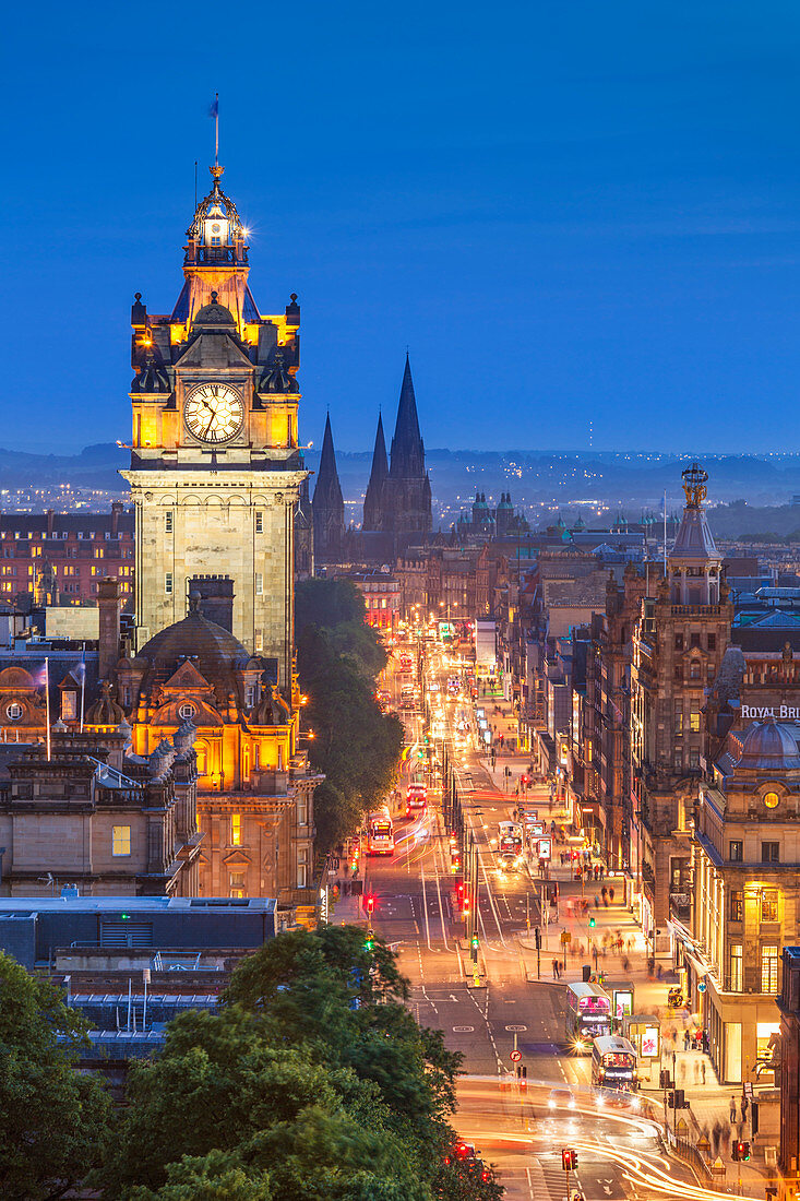 Princes Street, Balmoral Hotel and Edinburgh City centre at night, Edinburgh, Midlothian, Scotland, United Kingdom, Europe