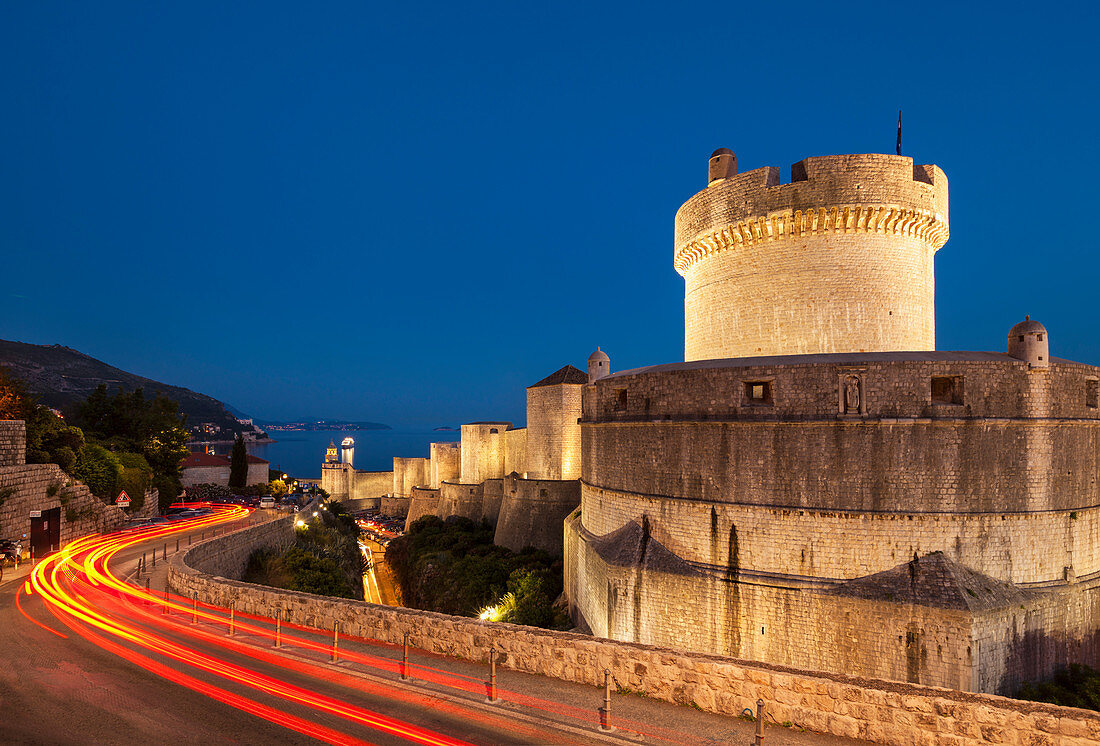 Minceta tower and city walls with traffic light trails, Dubrovnik Old Town, Dubrovnik, Dalmatian Coast, Croatia, Europe