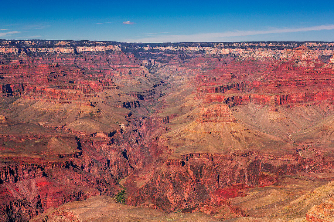 Rote Schluchten des Grand Canyon bei Sonne mit blauem Himmel, Arizona, USA