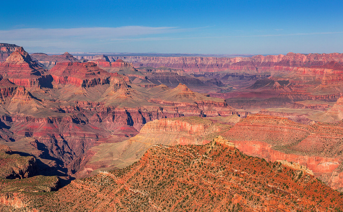 Rote Schluchten des Grand Canyon bei Sonne mit blauem Himmel, Arizona, USA