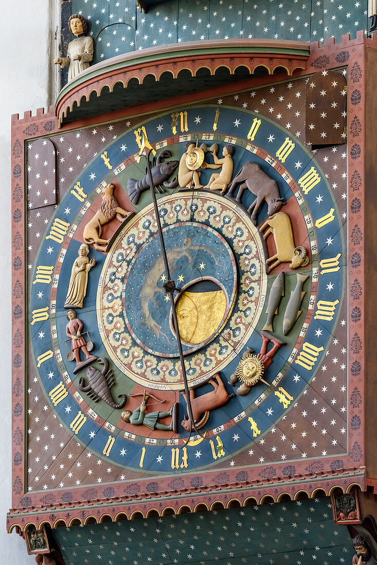Astronomical clock build by Hans Dueringer circa 1470. Basilica of St. Mary of the Assumption of the Blessed Virgin Mary in Gdansk, commonly known as Mariacki church. Gdansk, Main City, Pomorze region, Pomorskie voivodeship, Poland, Europe