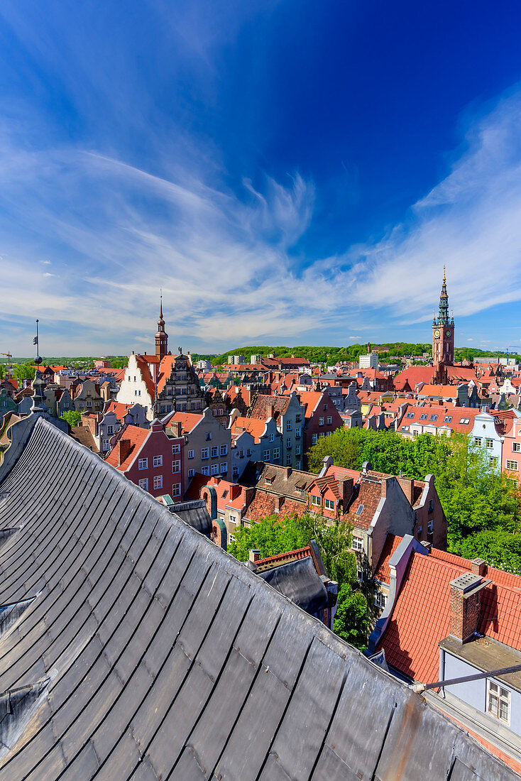 Gdansk, Main City, old town, Houses near Dlugi Targ street (Long Market), tower of City Hall, view from the tower of archeological museum towards south-west. Gdansk, Main City, Pomorze region, Pomorskie voivodeship, Poland, Europe