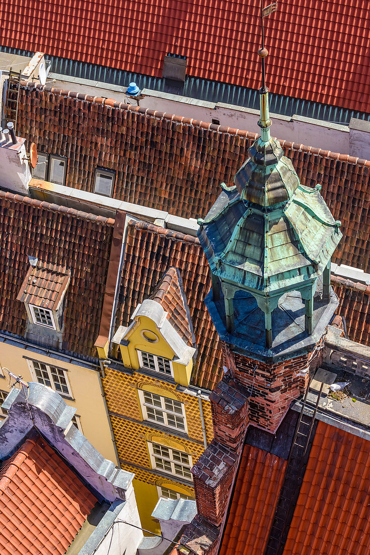 Gdansk, Main City, old town, roofs of houses located along Kramarska street, view from the tower of City Hall . Gdansk, Main City, Pomorze region, Pomorskie voivodeship, Poland, Europe