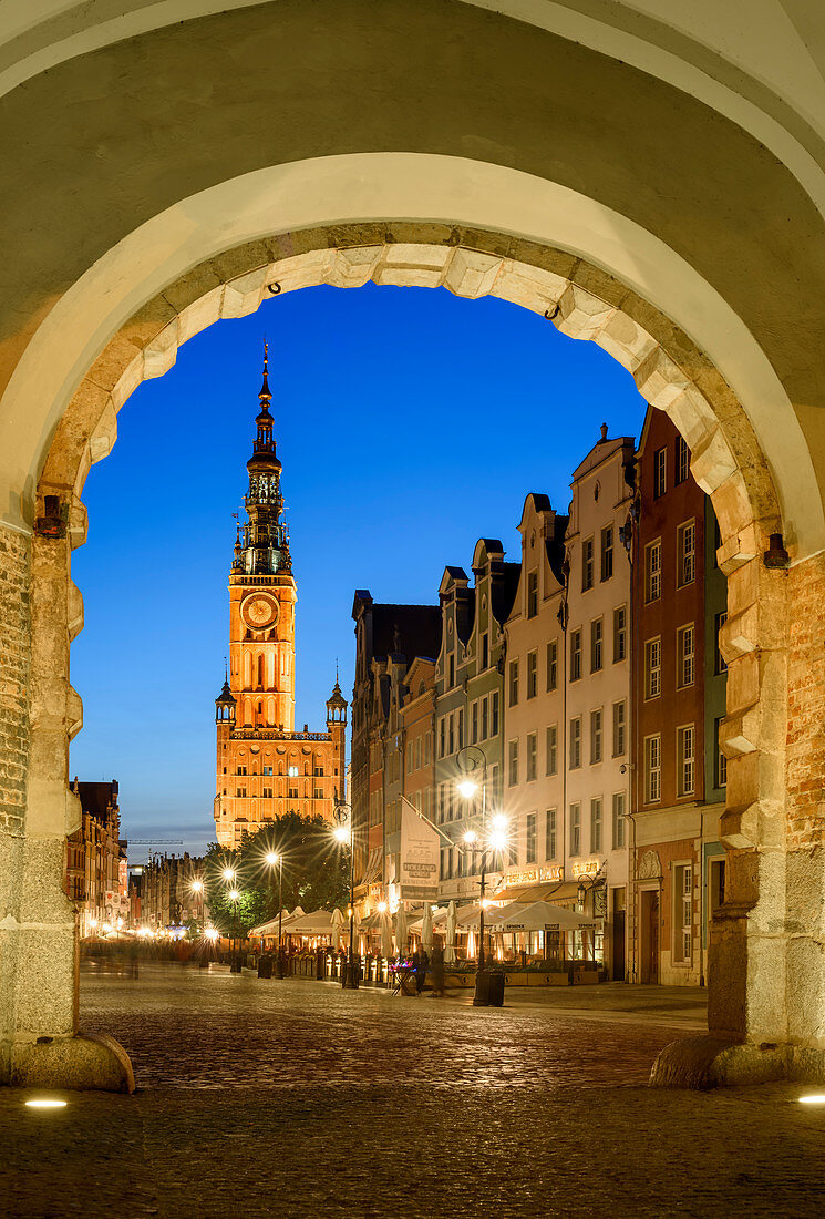 Gdansk, Main City, old town, Dlugi Targ street (Long Market), City Hall with tower, view from the arch of Zielona (Green) gate. Gdansk, Main City, Pomorze region, Pomorskie voivodeship, Poland, Europe