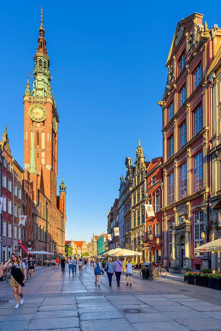 Gdansk, Main City, old town, Dluga (Long) street, tower of City Hall, view from west towards east. Gdansk, Main City, Pomorze region, Pomorskie voivodeship, Poland, Europe