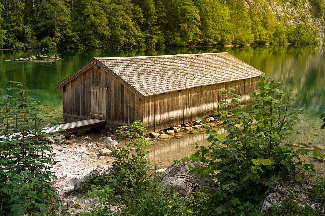 Boathouse at Obersee, Berchtesgaden National Park, Berchtesgadener Land, Upper Bavaria, Bavaria, Germany, Europe