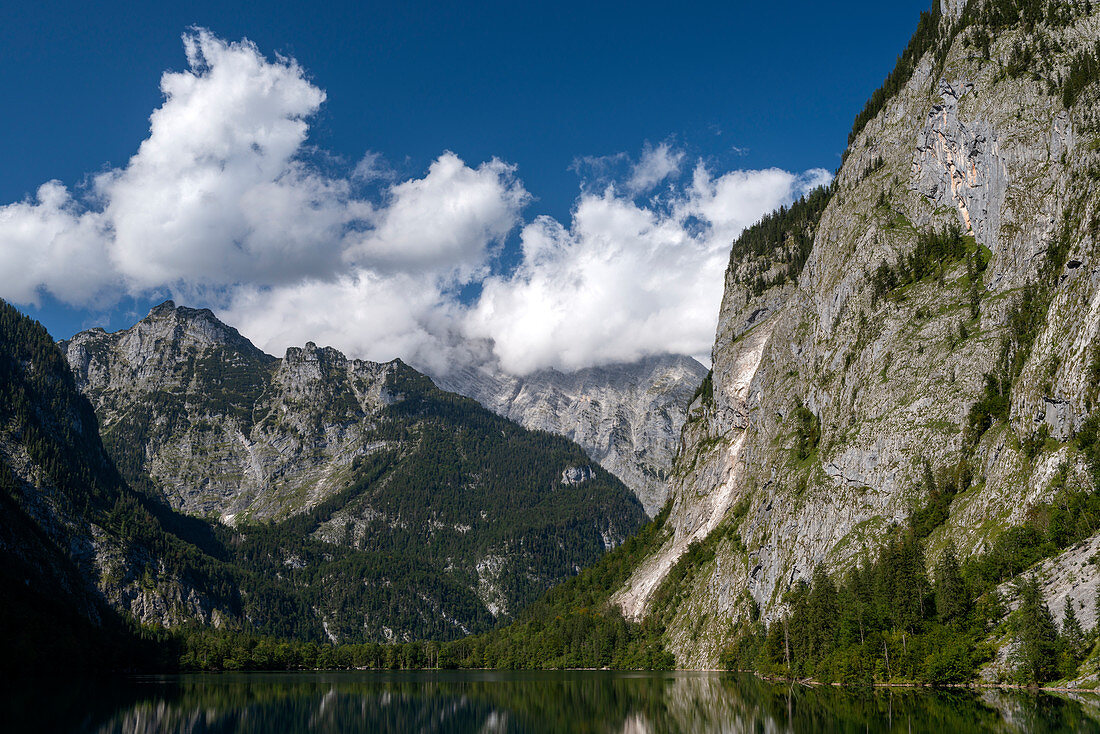 Obersee with Kaunerwand, Watzmann, Hachelkenken, Burgstall and Sagereckwand, Berchtesgaden National Park, Berchtesgadener Land, Upper Bavaria, Bavaria, Germany, Europe
