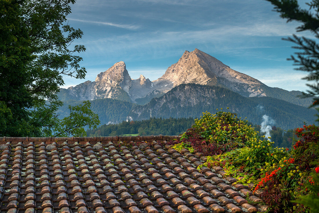 View over roof tiles to the Watzmann, Berchtesgaden National Park, Berchtesgadener Land, Upper Bavaria, Bavaria, Germany, Europe