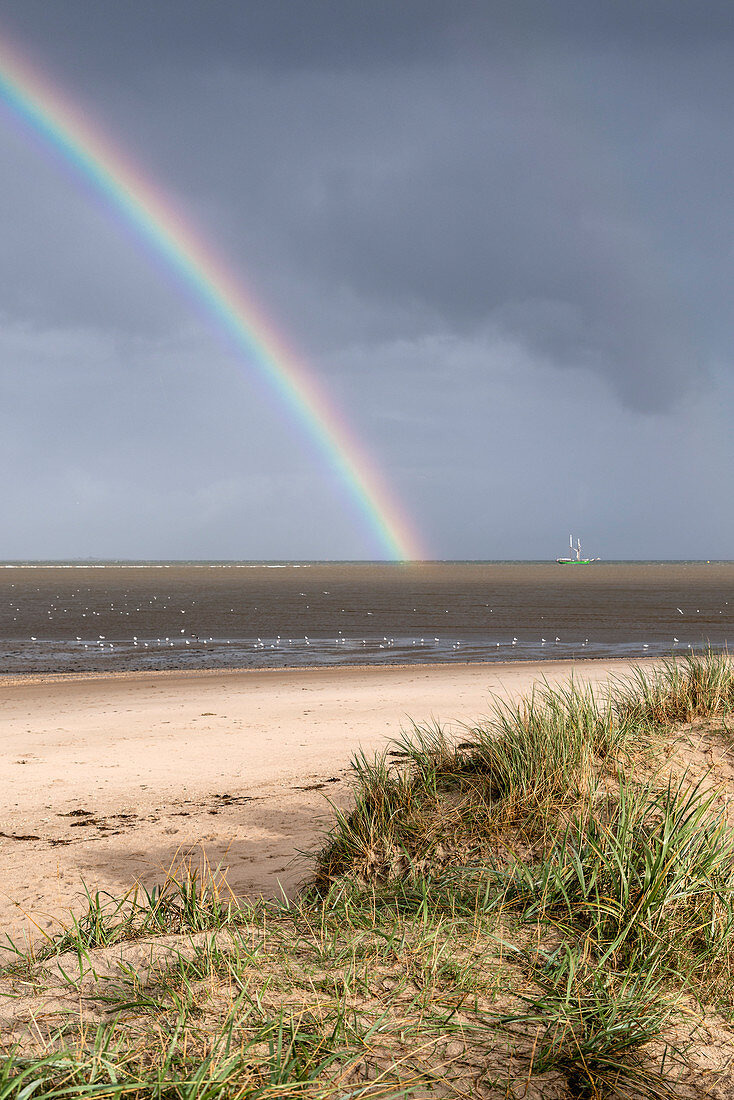 Regenbogen über Segelschiff im Wattenmeer, Schillig, Wangerland, Friesland, Niedersachsen, Deutschland, Europa