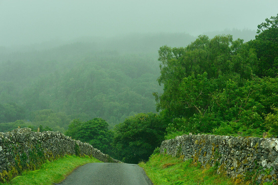 Road in the fog surrounded by stone walls at Rhydlanfair, Wales, England