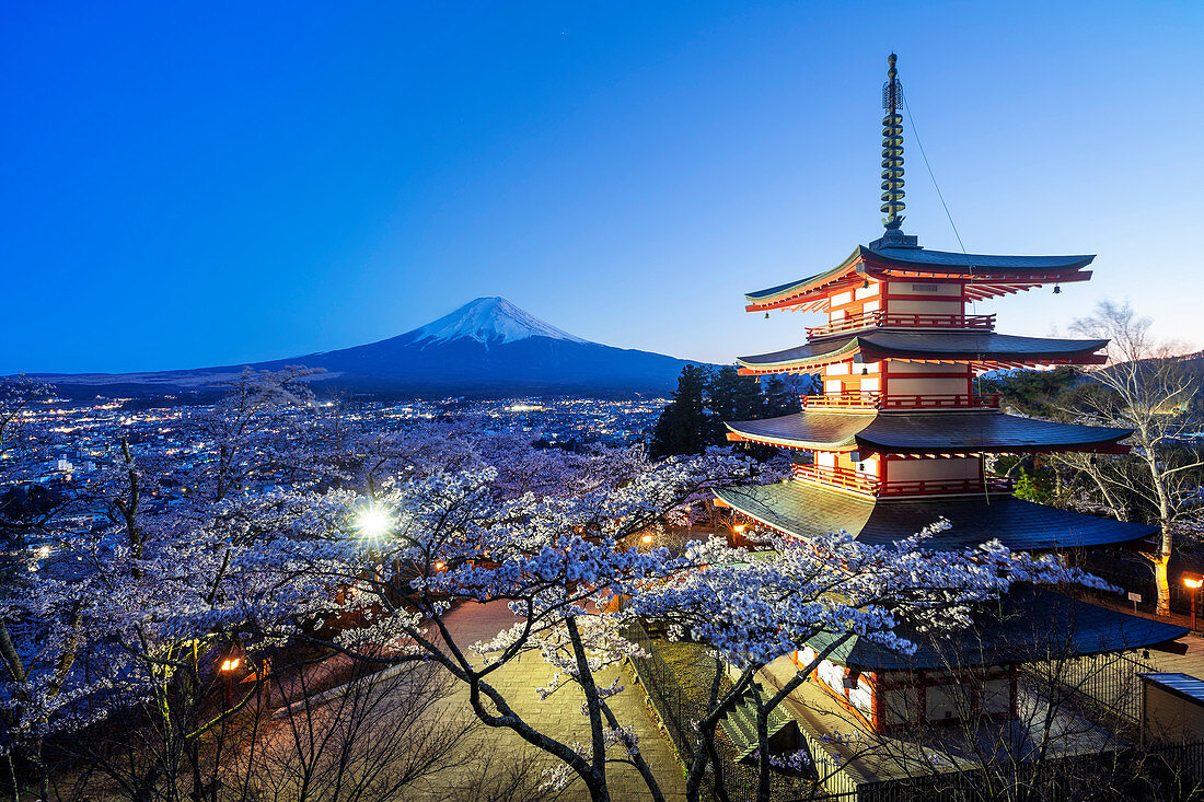 Kirschblüte in der Chureito-Pagode im Arakurayama Sengen Park und auf dem Berg Fuji, 3776 m, UNESCO-Weltkulturerbe, Präfektur Yamanashi, Honshu, Japan, Asien