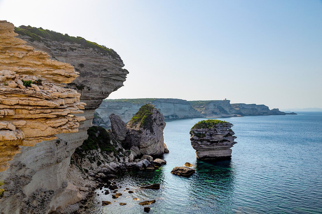 Klippen an der schroffen Küste nahe der Stadt Bonifacio auf der Mittelmeerinsel Korsika, Bonifacio, Korsika, Frankreich, Mittelmeer, Europa