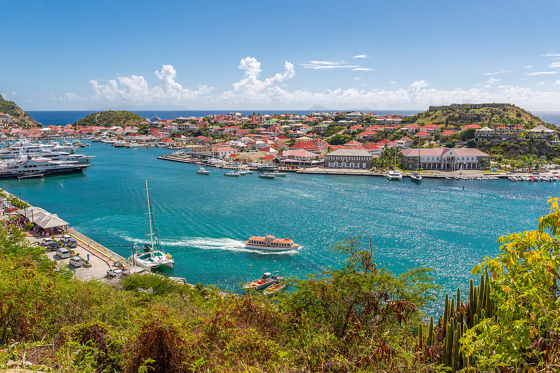 Elevated view of the harbour, Gustavia, St. Barthelemy (St. Barts) (St. Barth), West Indies, Caribbean, Central America