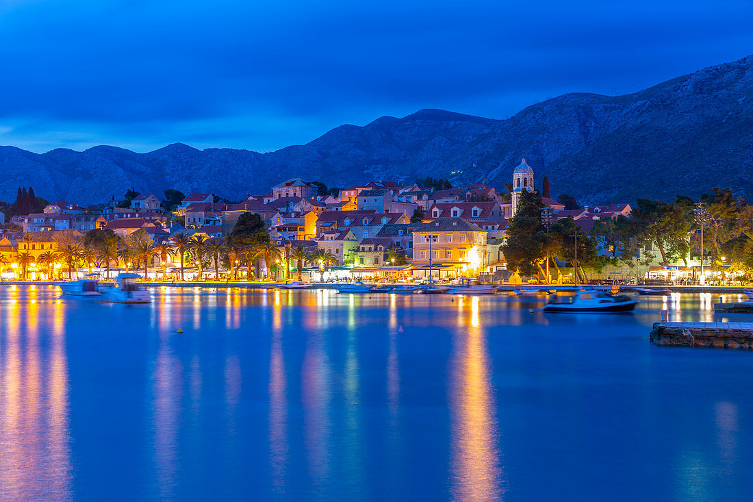 View of town and Crkva Sv. Nikole church at dusk, Cavtat on the Adriatic Sea, Cavtat, Dubrovnik Riviera, Croatia, Europe