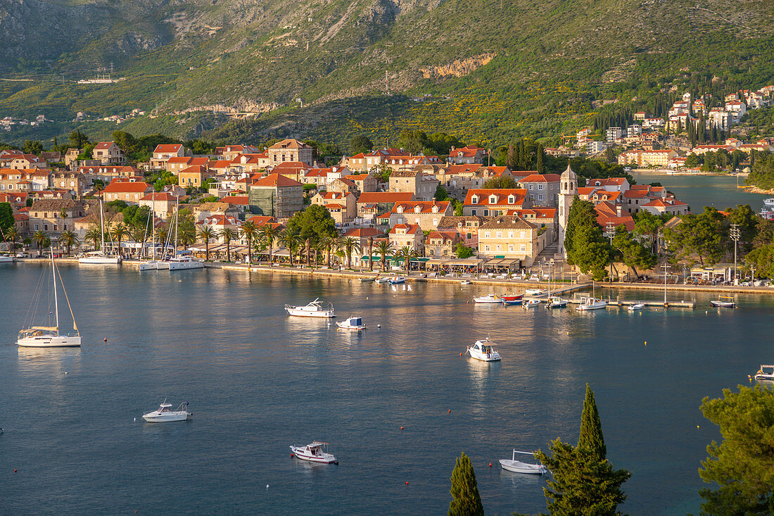 View of town at sunset from elevated position, Cavtat on the Adriatic Sea, Cavtat, Dubrovnik Riviera, Croatia, Europe