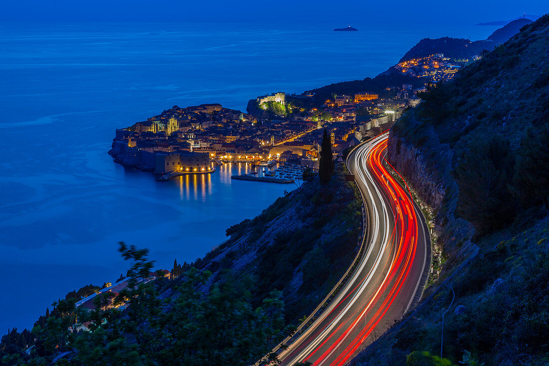 View of the Old Walled City of Dubrovnik at dusk, UNESCO World Heritage Site, Dubrovnik Riviera, Croatia, Europe